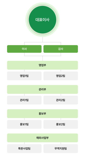 대표이사, 이사, 감사, 영업부(영업1팀, 영업2팀), 관리부(관리 1팀, 관리2팀), 홍보부(홍보1팀, 홍보2팀), 해외사업부(특판사업팀, 무역지원팀)